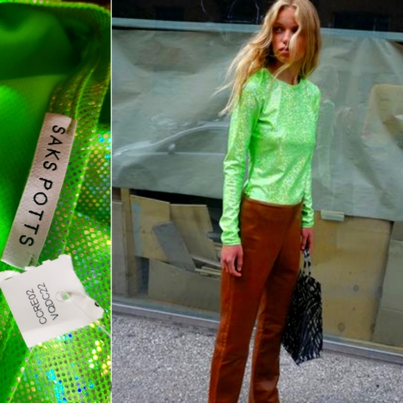 Saks Potts Tops - Nwt Saks Potts SAYA motorcross silver luminous lime green blouse top size 3 M/L